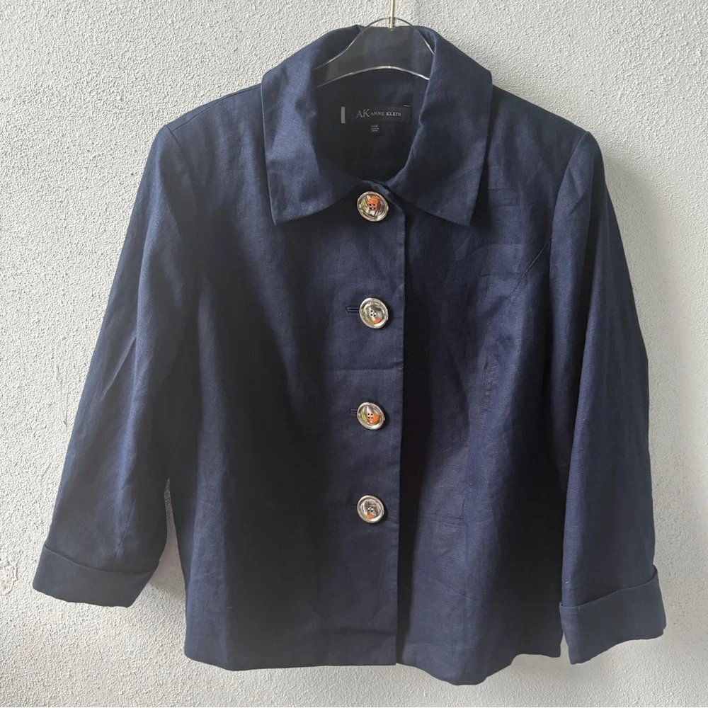 Anne Klein Navy Blue Linen Size 14W Jacket Collared Front Button Office Career - Picture 1 of 9